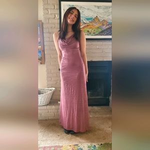 Floor length, pink metallic dress